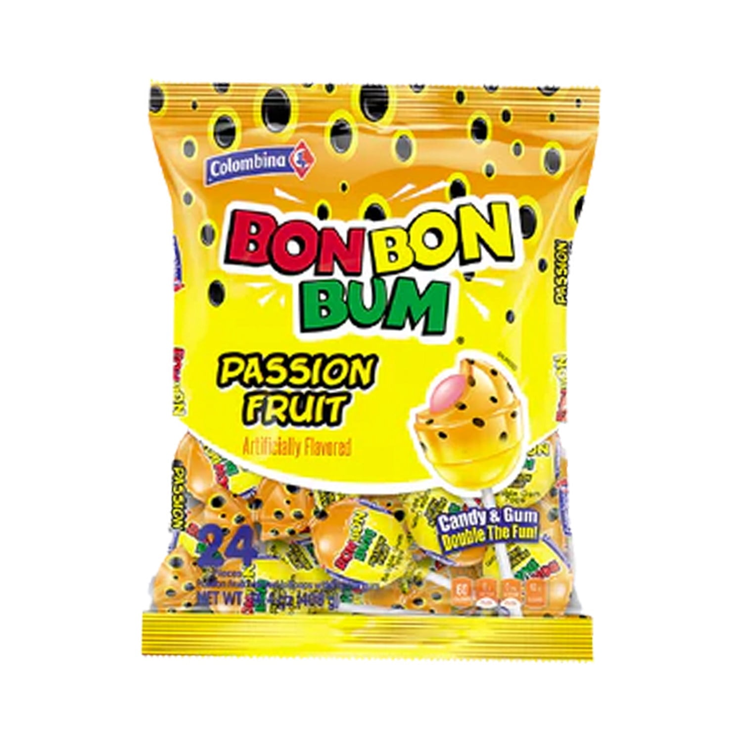 Colombina Bon Bon Bum Lollipops w/Bubble Gum Center, Passion Fruit Flavor, Individually Wrapped, Ideal for Party Favors and Gifts, 1 Pack (24 Count)