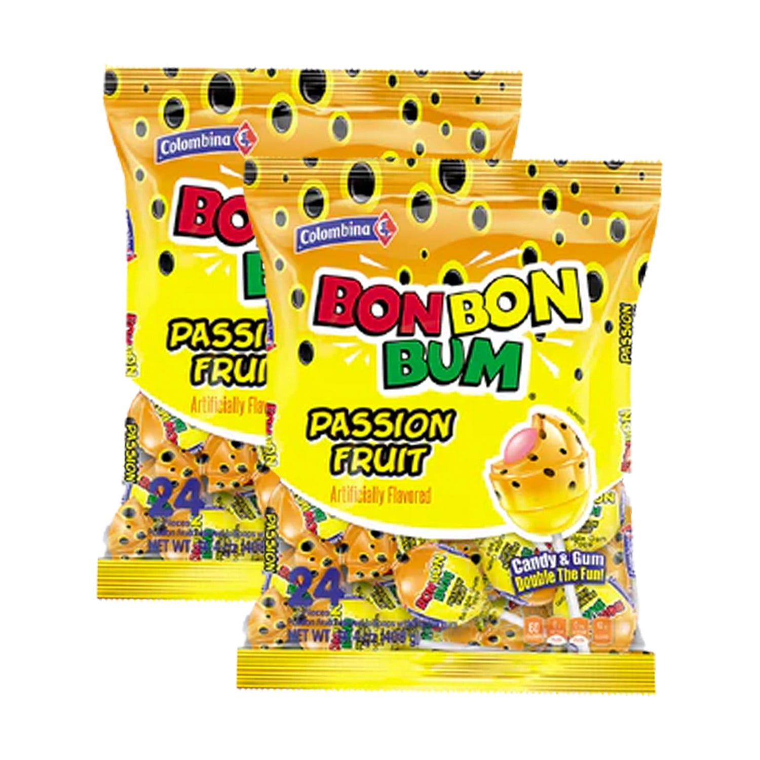 Colombina Bon Bon Bum Lollipops w/Bubble Gum Center, Passion Fruit Flavor, Individually Wrapped, Ideal for Party Favors and Gifts, 2 Pack (48 Count)