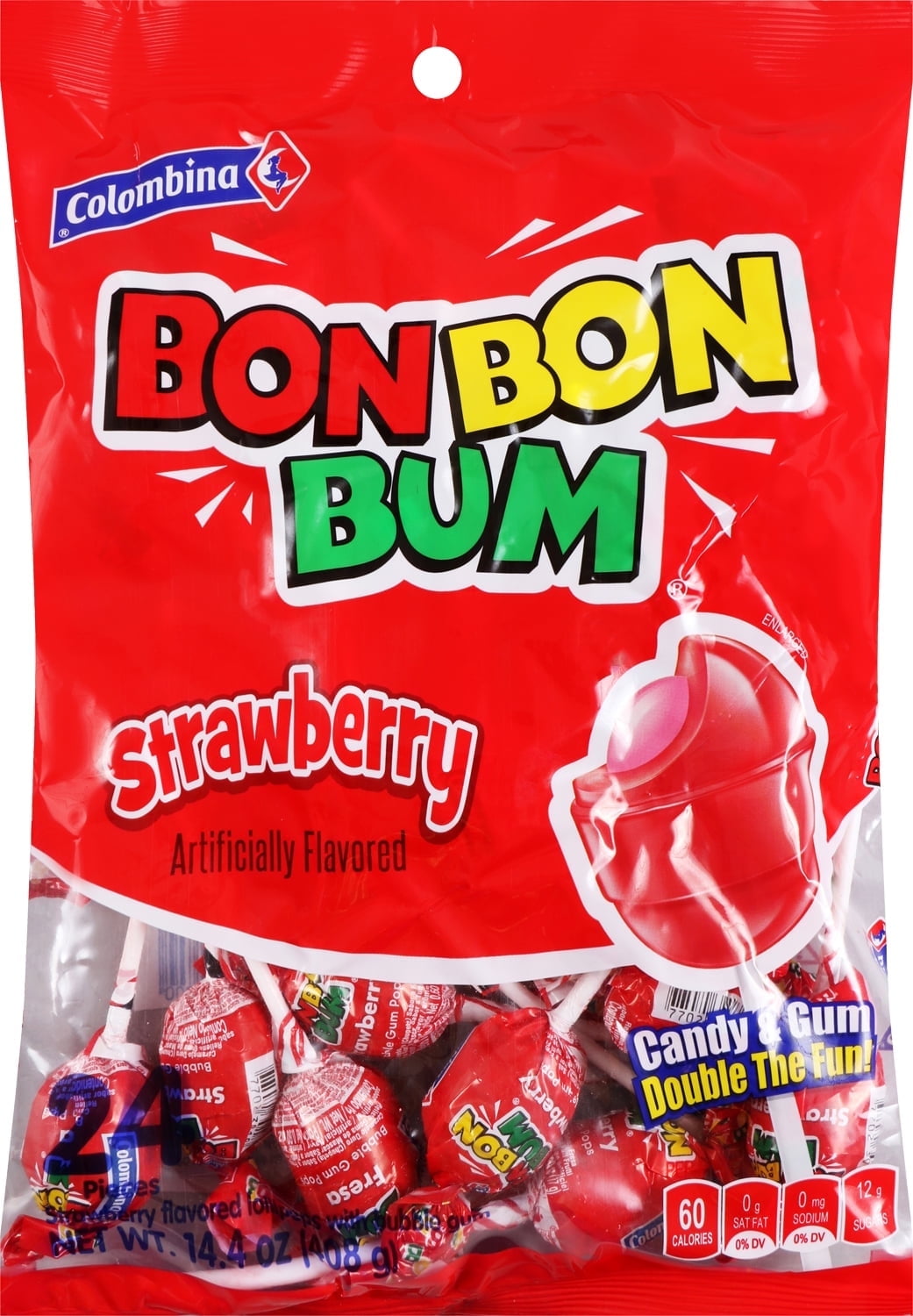 Colombina Bon Bon Bum Strawberry Bubble Gum Lollipops, 24 Count, 16.1 oz