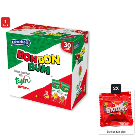 Colombina Bon Bon Bum Tajin Passion Fruit and Watermelon Lollipops with Chile Lime Dip, 30 Count, with 2 Skittles Fun Size