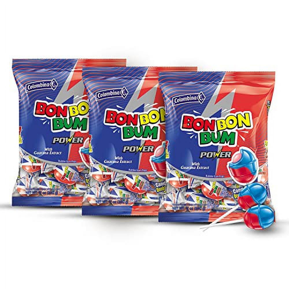 Colombina Bon Bon Bum Power Pack - Energizing Lollipops with Guarana Extract and Bubble Gum Center - Individually Wrapped Party Favors for Convenience and Freshness (12 Oz Per Bag - 3pck)