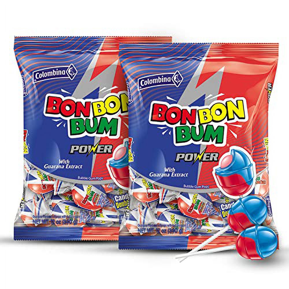 Colombina Bon Bon Bum Power Pack - Energizing Lollipops with Guarana Extract and Bubble Gum Center - Individually Wrapped Party Favors for Convenience and Freshness (12 Oz Per Bag - 2pck)