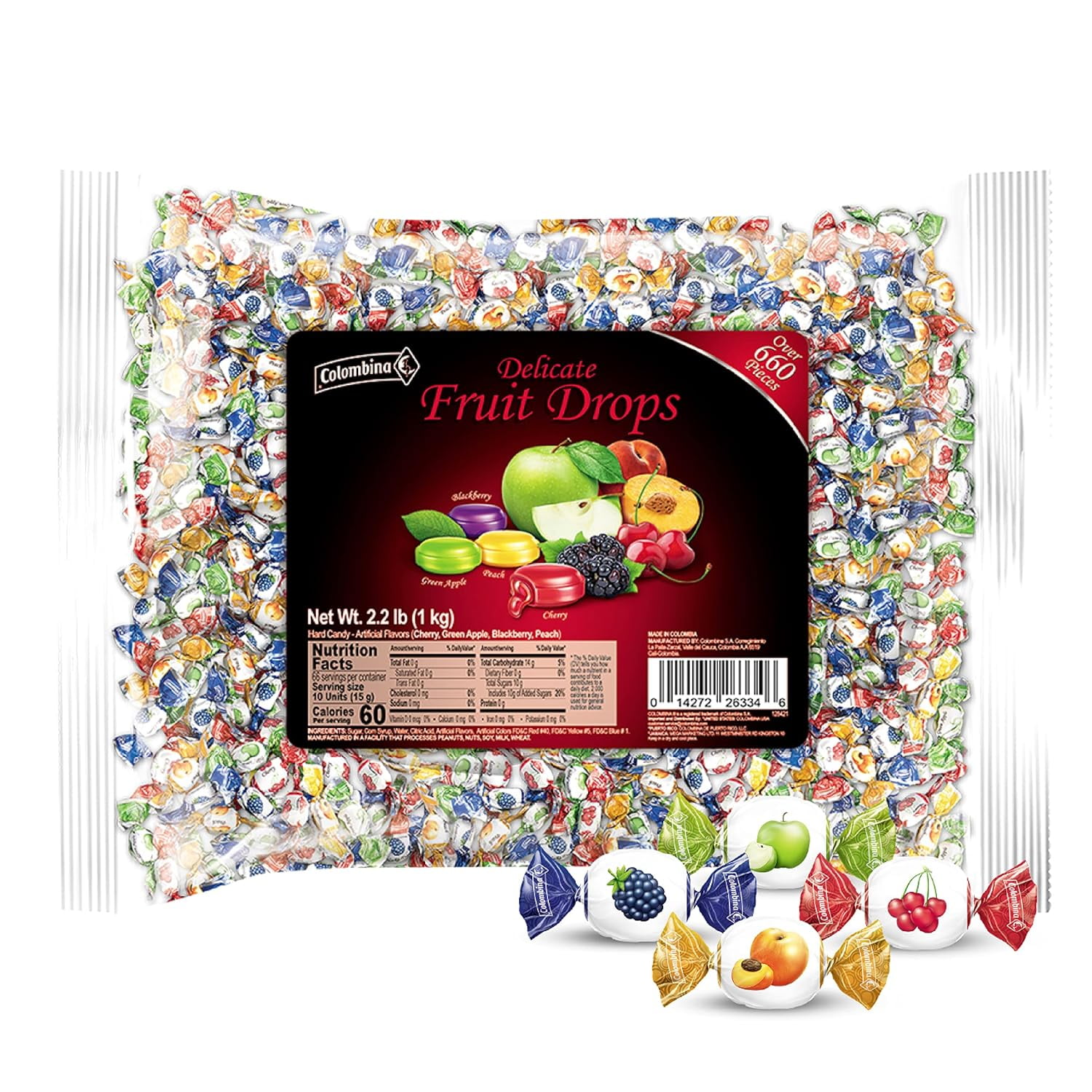 Colombina Delicate Fruit Filled Drops Individually wrapped hard candy in a bulk bag of 4 Assorted Fruit Candy Flavors, 2.2 pounds, 660 candies from Colombina