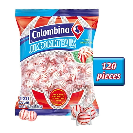 Colombina Jumbo Mint Balls, Red & White Peppermint Hard Candy Balls, Individually Wrapped (Peppermint 120 Count - 1 Pack)