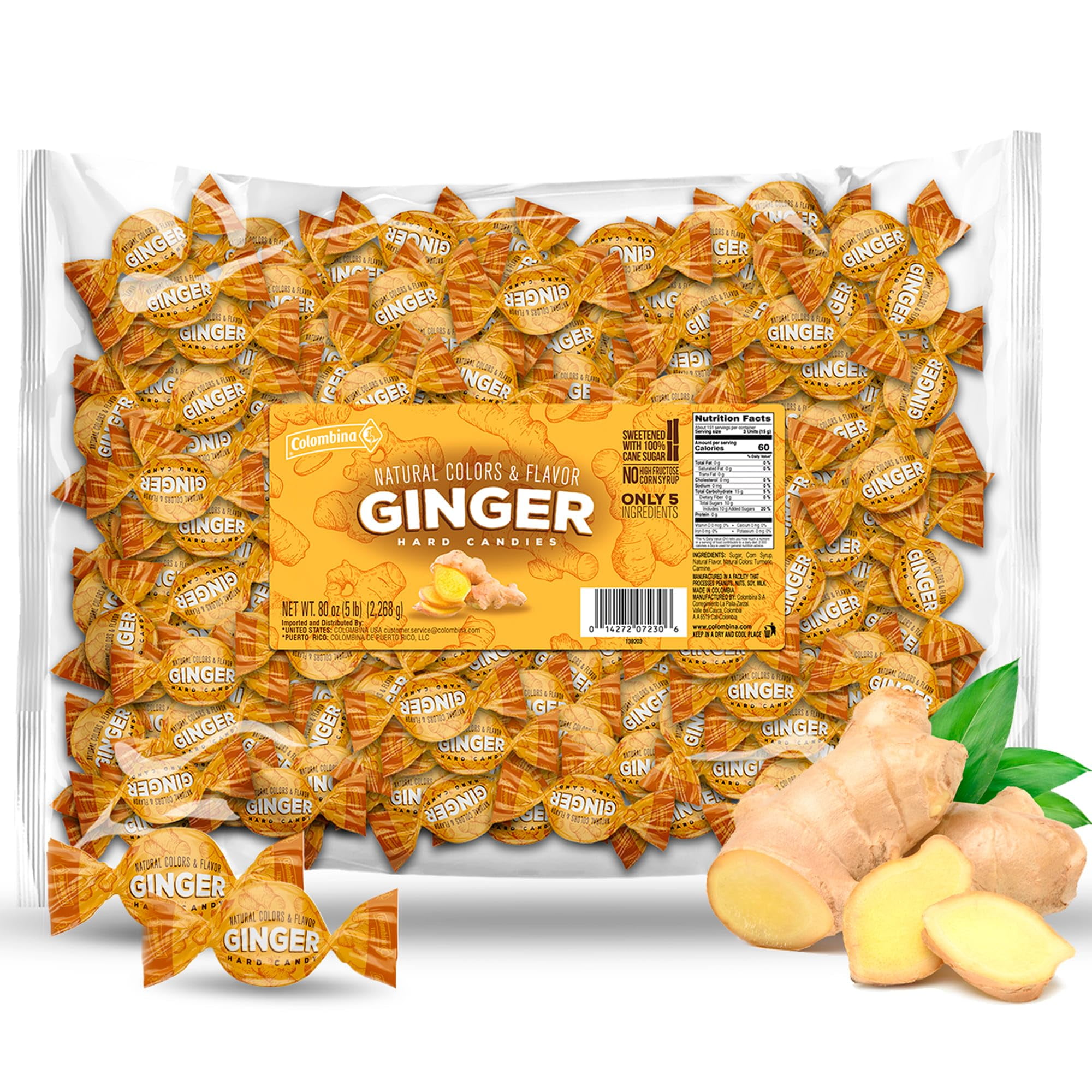 Colombina Ginger Hard Candies, Natural Anti-Nausea and Motion Sickness Relief Candy, Sweetened with Pure Cane Sugar, Individually Wrapped, 5lbs (Pack of 1)