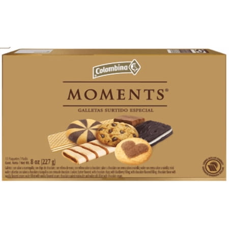 Colombina Premium Box Moments Cookies for Christmas 8 Flavors: Chocolate Cookies, Wafer Bites, Cookies Filled, Sandwich Cookies and Chocolate Wafer Roll