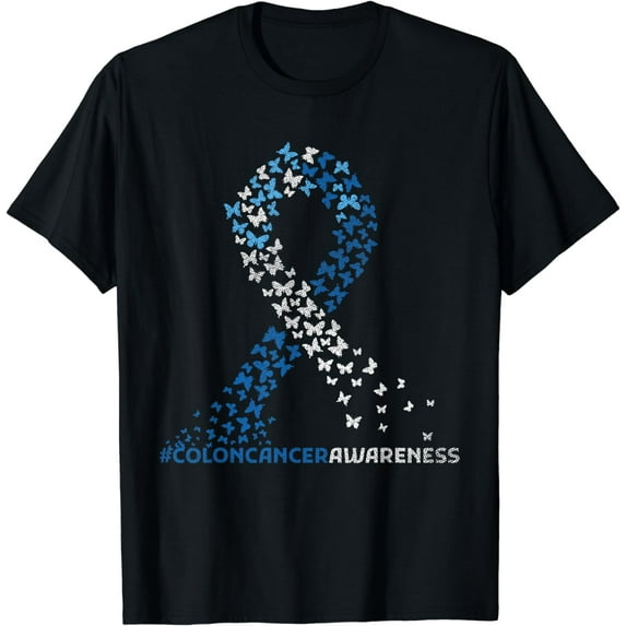 Colon Cancer Awareness Colonoscopy Blue Ribbon Butterflies T-Shirt