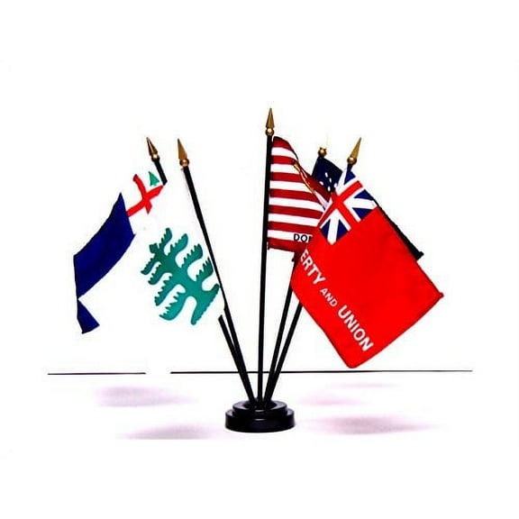 Colonial American Flag Set of 5 Rayon 4"x6" Flags with 5-hole base, 4x6 Miniature Bunker Hill, First Navy Jack, Pine Tree, Serapis and Taunton Desk & Table Flags, Small Mini Stick Flags