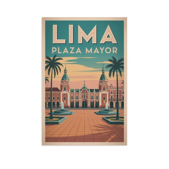 Colonial Architecture Wall Art Plaza Mayor Peru Retro Travel Poster Lima Historic Square Print Poster