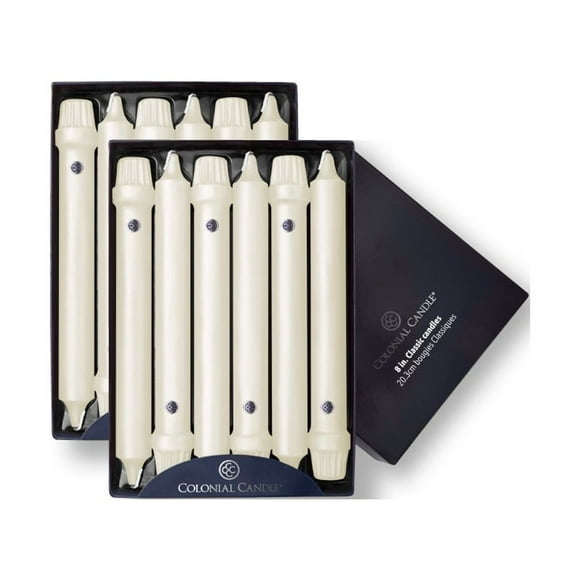 Colonial Candle Classics Unscented Taper Candle Ivory, Dripless, 8 inch, 6 Hours Burn, Pack of 12