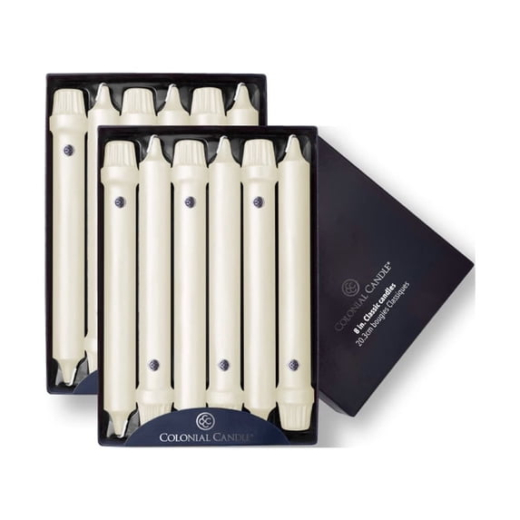 Colonial Candle Classics Unscented Taper Candle Ivory, Dripless, 8 inch, 6 Hours Burn, Pack of 12