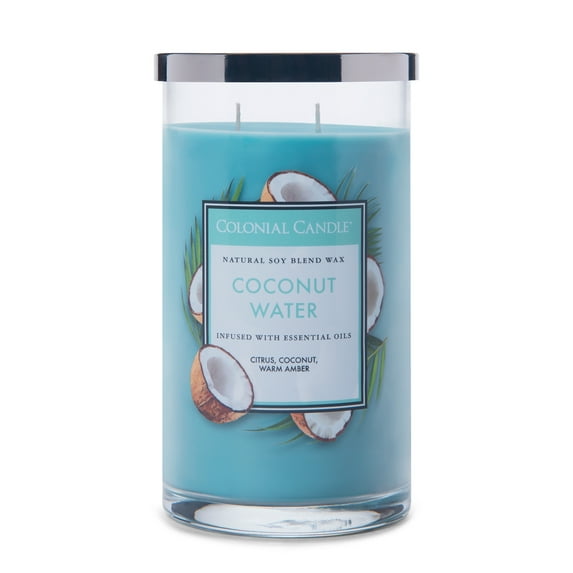 Colonial Candle Classic Coconut Water Scented Jar Candle, 2 Wick, 19 oz, 120 Hours Burn, Water