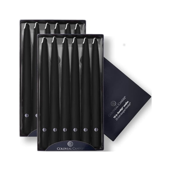 Colonial Candle Handipt Unscented Taper Candle Black, Dripless, 10 inch, 8 Hours Burn, Pack of 12