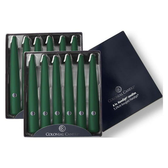 Colonial Candle Handipt Unscented Taper Candle Evergreen, Dripless, 6 inch, 4 Hours Burn, Pack of 12