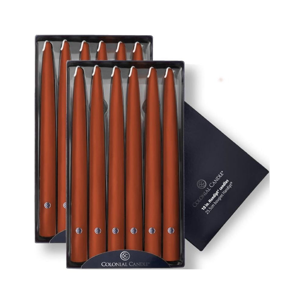 Colonial Candle Handipt Unscented Taper Candle Amber, Dripless, 10 inch, 8 Hours Burn, Pack of 12