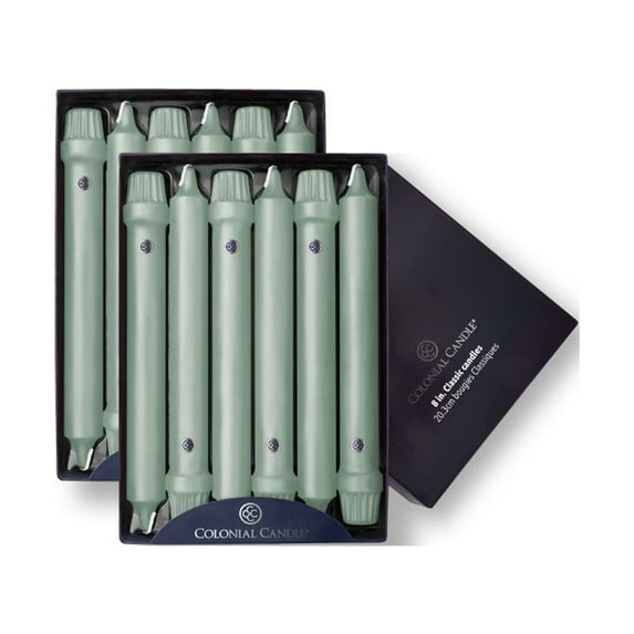 Colonial Candle Classics Unscented Taper Candle Colonial Green, 8 inch, 6 Hours Burn, Pack of 12