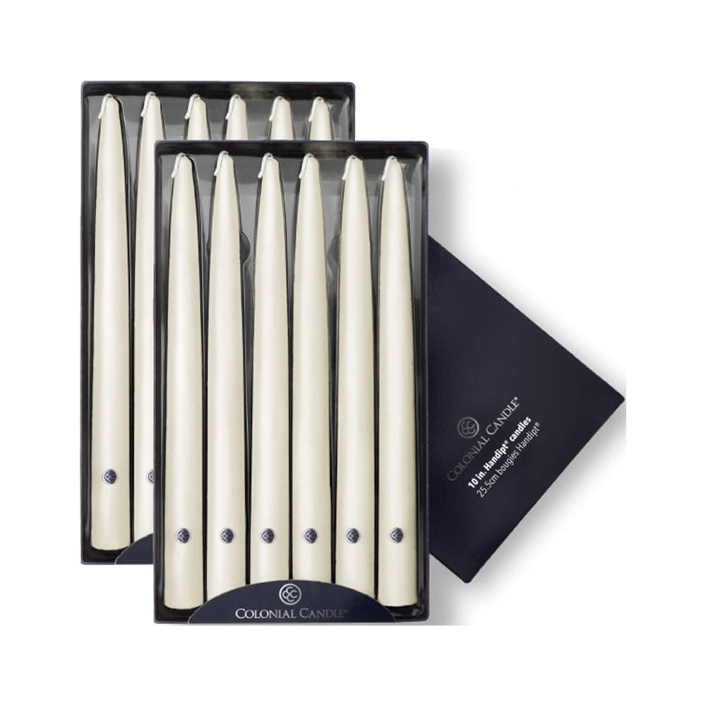 Colonial Candle Handipt Unscented Taper Candle Ivory, Dripless, 10 inch, 8 Hours Burn, Pack of