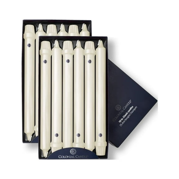 Colonial Candle Classics Unscented Taper Candle Ivory, Dripless, 10 inch, 8 Hours Burn, Pack of 12