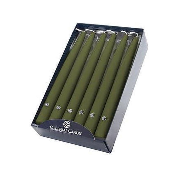 Colonial Candle Unscented Taper Candles, Moss Green , 10 inch - Pack of 12, Dripless Taper Candle with Premium Cotton Wick and Clean Burn for Parties, Weddings, and Holiday Dinners
