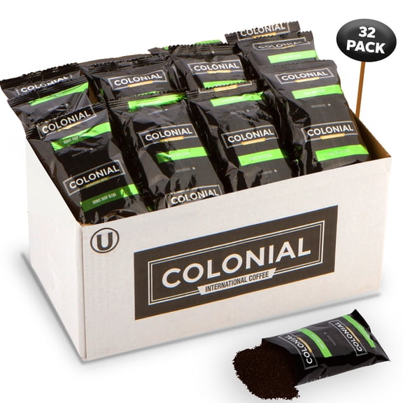 Colonial Coffee Packets, Pre Ground Coffee Packs, Donut Shop Blend, Medium Roast, Bulk Single Pot Bags for Drip Coffee Makers, (2.5 oz Bags, Pack of 32)