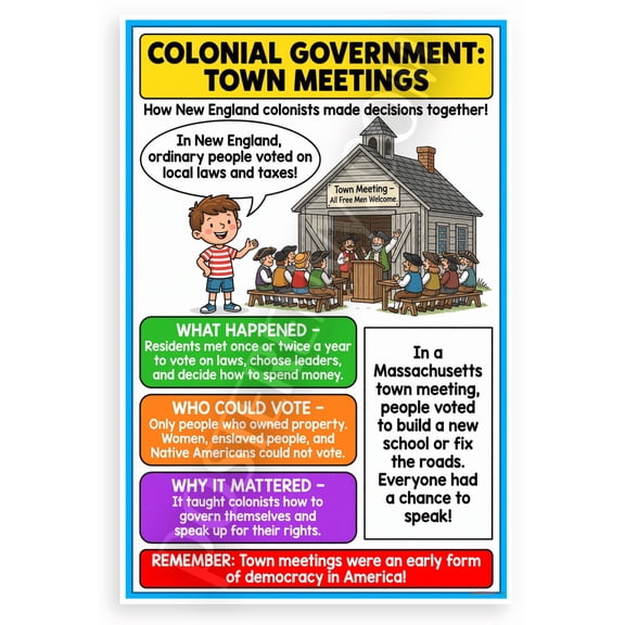 Colonial Government Town Meetings Educational 12x18 US Made Poster