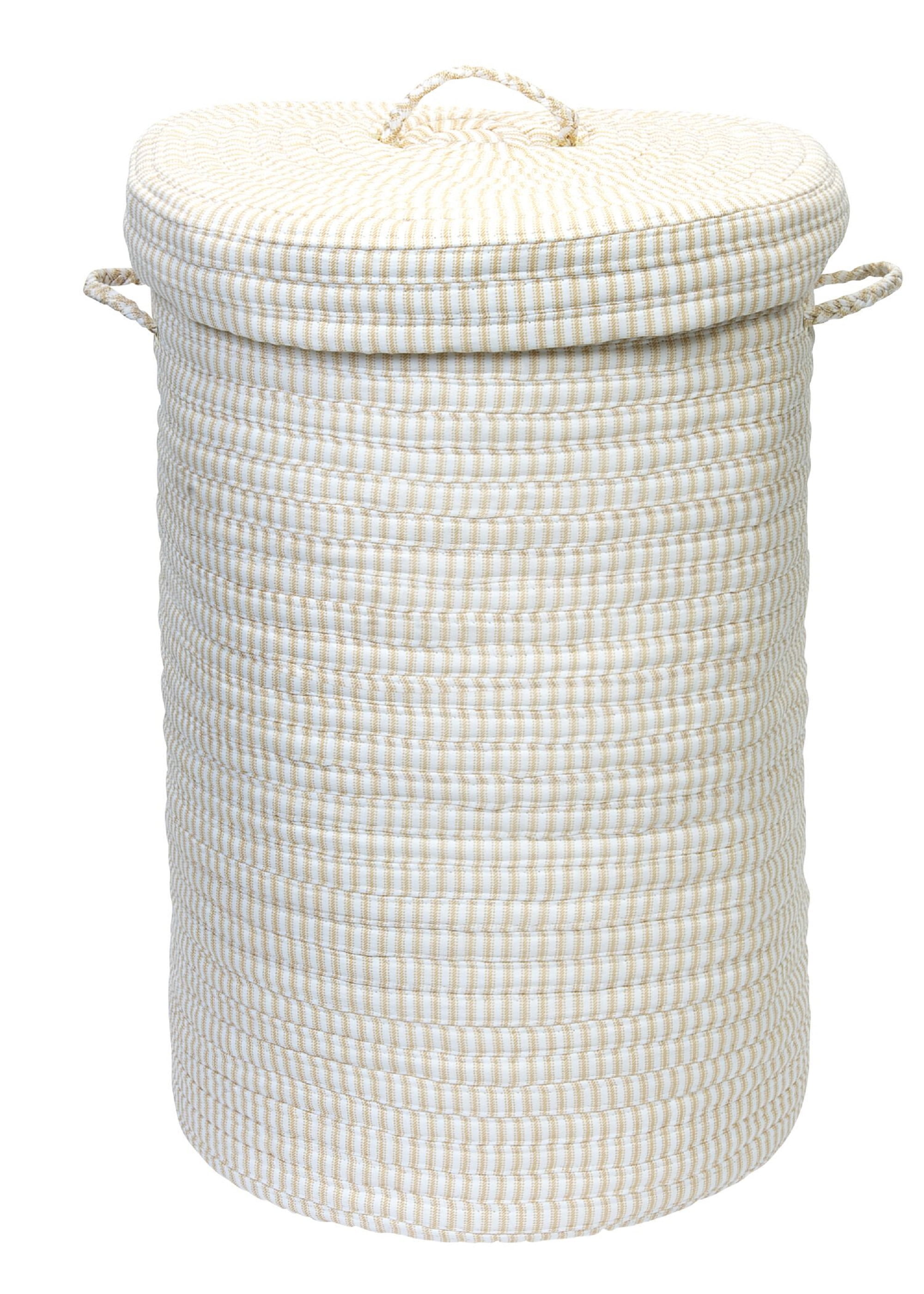 24" Beige and White Braided Cotton Hamper with Lid