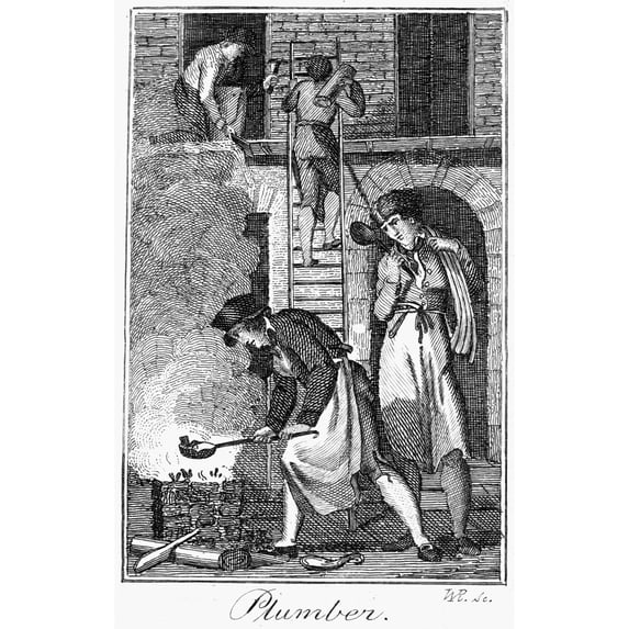 Colonial Plumber. Na Colonial American Plumber Assisted By Indentured Servants. Line Engraving Late 18Th Century. Print