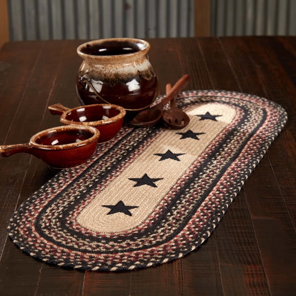VHC Brands Primitive Colonial Star Table Runner, Tan Black Red, Jute Blend, Oval, 13x36 Inches