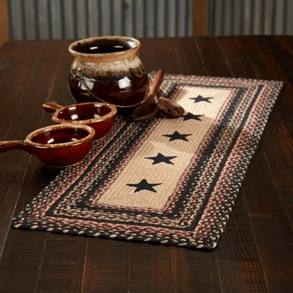 VHC Brands Primitive Colonial Star Table Runner, Tan Black Red, Jute Blend, Rectangle, 13x36 Inches