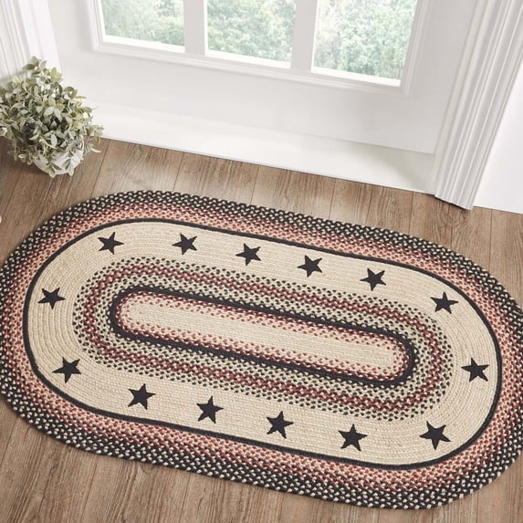 VHC Brands Colonial Star Rug with PVC Pad, Jute Blend, Oval, Tan Black Red, 27x48 inches