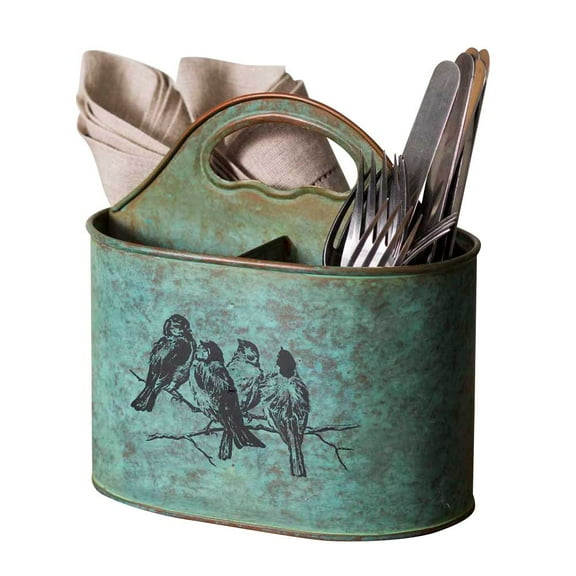 Colonial Tin Works Songbirds Metal Divided Kitchen Caddy green