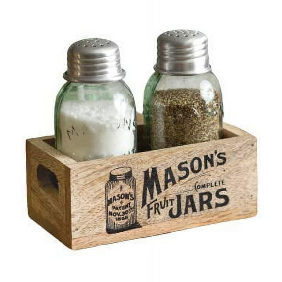 Colonial Tinworks Mason Jar Salt & Pepper Shakers Set with Wood Tray for Rustic Farmhouse Table Decor, Vintage Home Decoration, and Gift(Box of 2)
