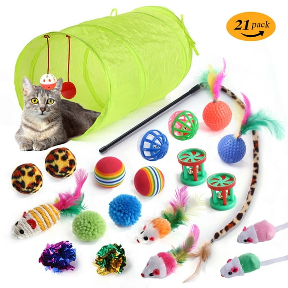 Coloody 21PCS Cat Toys Kitten Toys Set,Interactive Catnip Toys Incl Cat Tunnel, Cat Feather Teaser Wand, Chew Sticks,Mice,Variety of Balls and Bells for Indoor & Outdoor Playing-Green