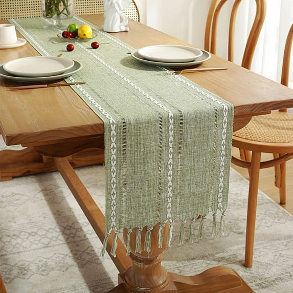 Coloody Farmhouse Table Runner Handmade Tassel Rustic Linen Table Runners, 13 x 108 inch (Green)