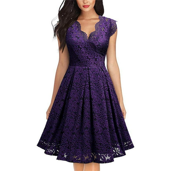 Coloody Women Vintage Lace Dresses Female Knee Length Cocktail Party Dress
