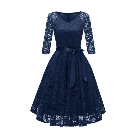 Coloody Women Vintage Lace Dresses Female Knee Length Cocktail Party Dress