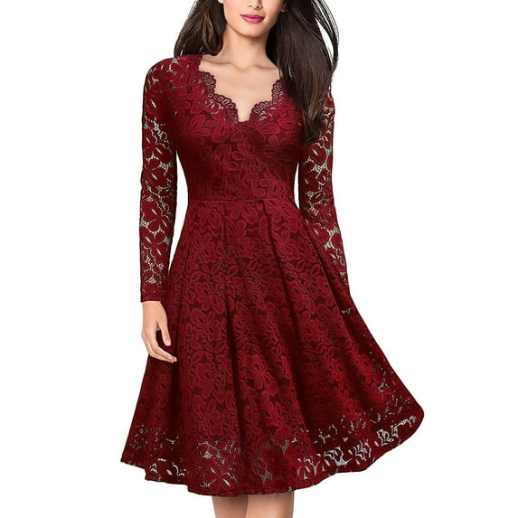 Coloody Women Vintage Lace Dresses Female Knee Length Cocktail Party Dress