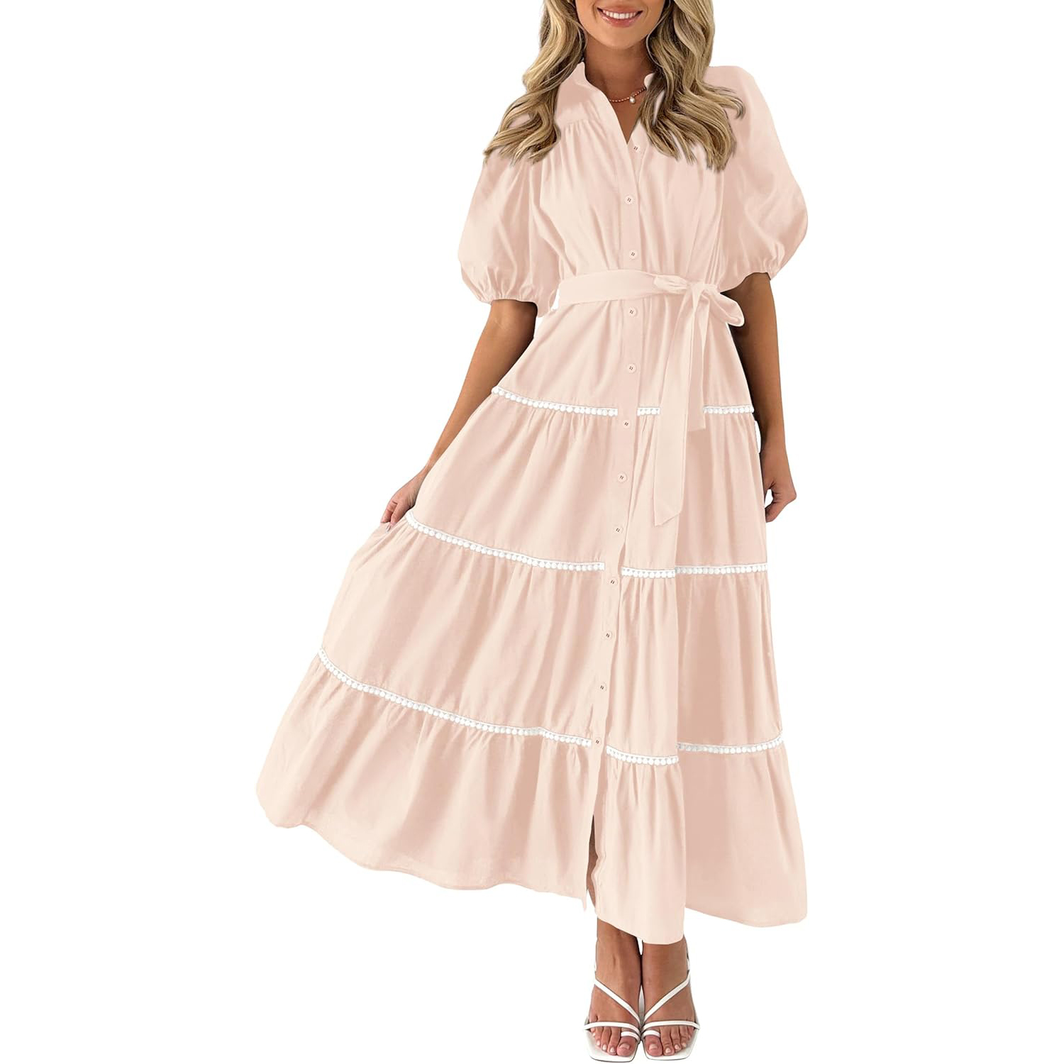 Coloody Women s Summer Shirt Dress Short Puffy Sleeve Ruffle Button 