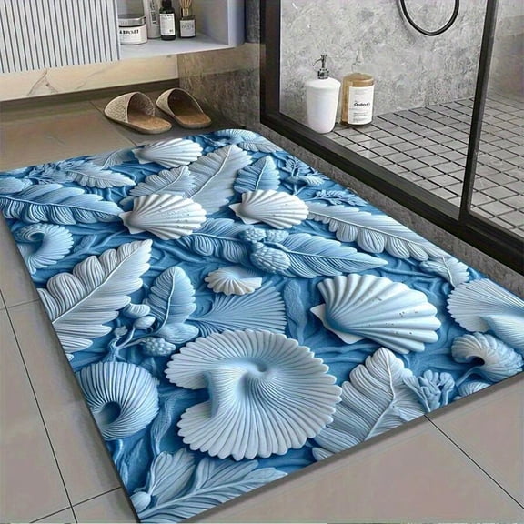 Blue Sea Shell Leaf Pattern Bath Mat, Quick-Drying Absorbent Non-Slip