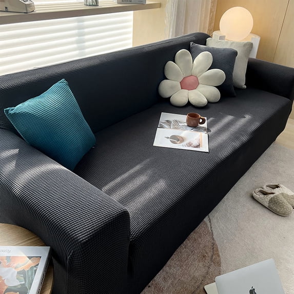 Color All Season Sofa Cover | Knitted Elastic Wrap Furniture Protector | 100% Polyester, Washable & Stain Resistant | Fits Lots of Cushions, Black