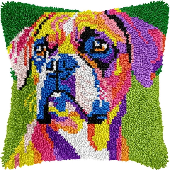 Color Art Boxer Terrier Latch Hook Pillow Kits for DIY Handmade Throw Pillow Cushion Embroidery Latch Hooking Pillowcase Kits with Preprinted Canvas Crochet Yarn Kits 17''X 17''(g183)