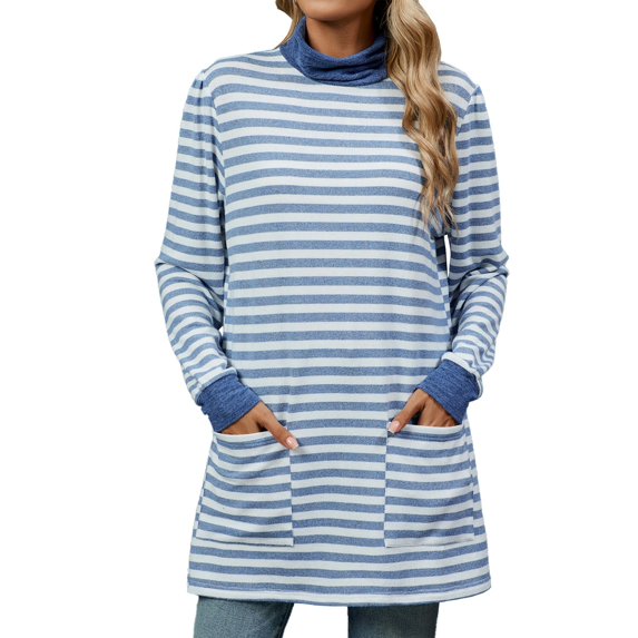 Color Baggy Pocket High Neck Long Sleeved T Shirt