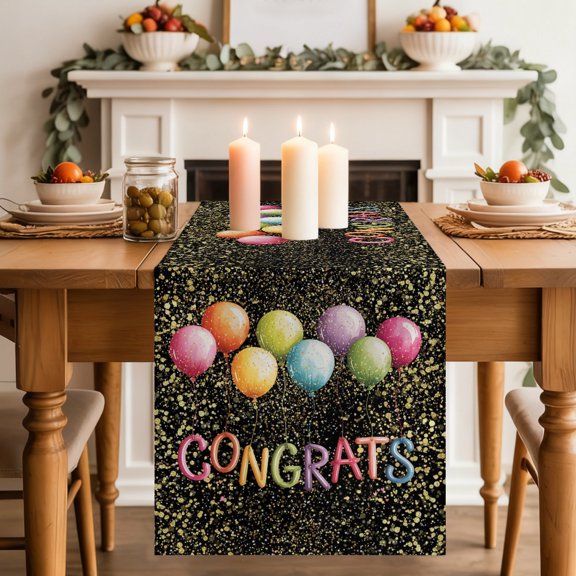 Color Balloons Table Runner 13x48 Inch Graduation Celebration Confetti Glitter Festive Cotton Linen Dining Table Runner Ideal for Dresser Kitchen Coffee Tables - Machine Washable