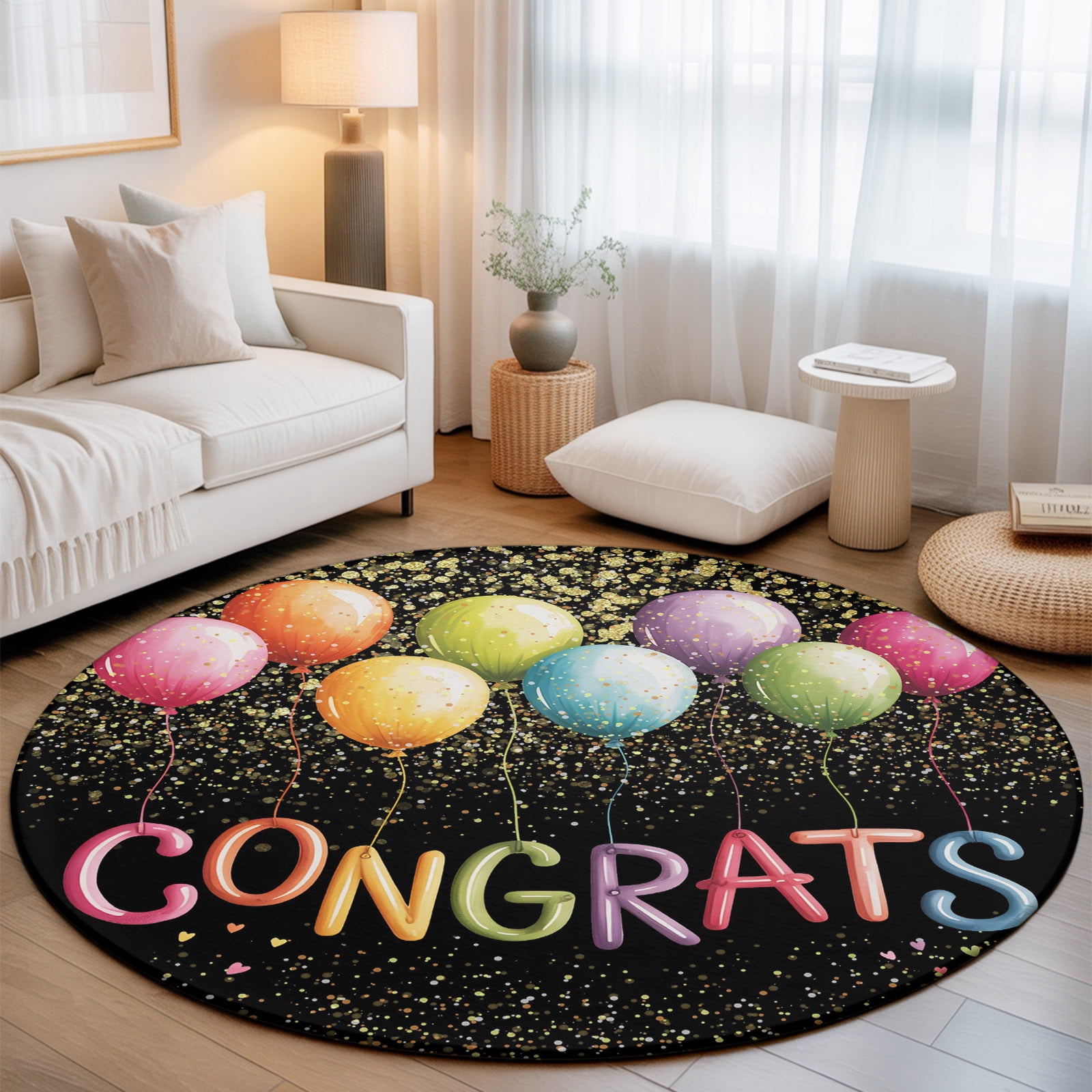Color Balloons Washable Round Area Rug 3.3 ft, Graduation Celebration ...