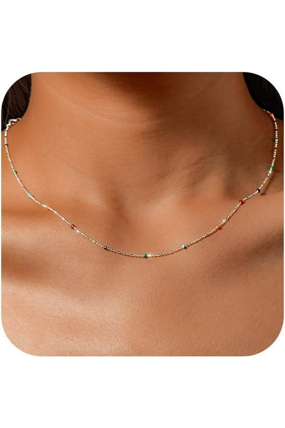 Color Beaded Necklace for Women S925 Sterling Silver CZ Crystal Rainbow Necklace Boho Beaded Choker Necklaces Unique Jewelry Gifts for Women Men Birthday