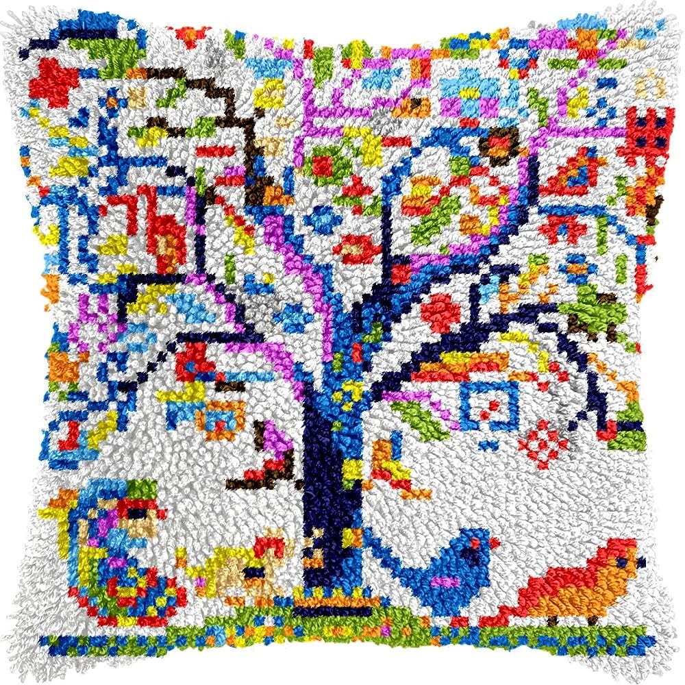 Color Bird Tree Latch Hook Pillow Kits for DIY Throw Pillow Cushion Embroidery Latch Hooking Pillowcase Kits with Preprinted Canvas Crochet Yarn Kits for Home Decor 17''X 17''(d170)
