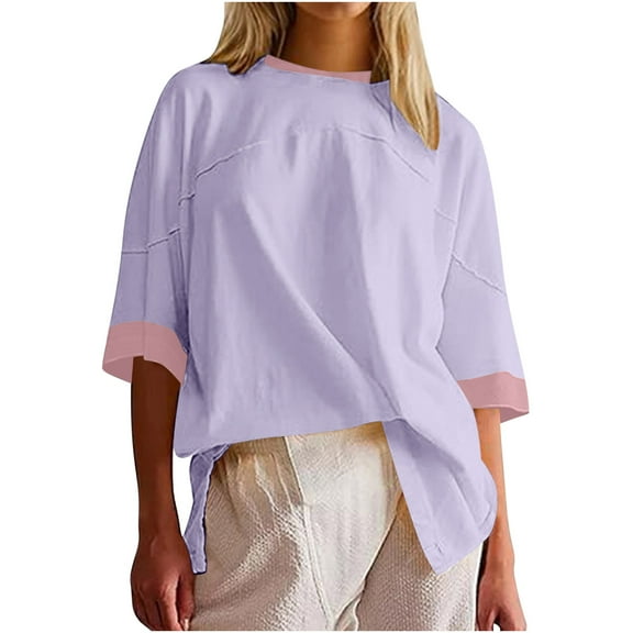 Color Block 3/4 Sleeve Tops for Women Summer Casual Side Split Crew Neck Sweatshirt Loose Pullover Oversized T Shirts, Purple, XL