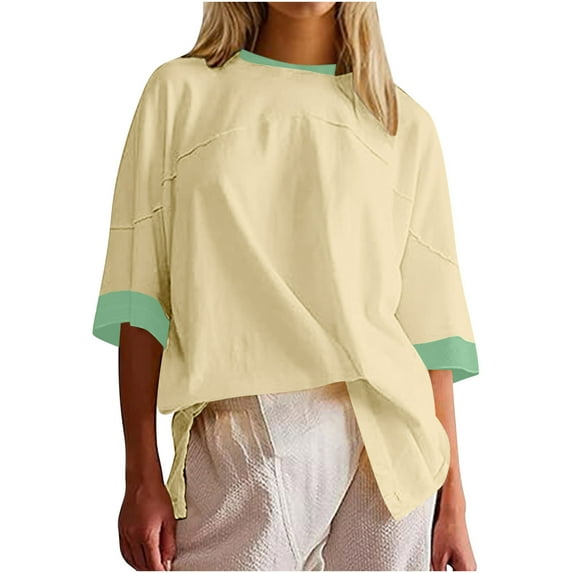 Color Block 3/4 Sleeve Tops for Women Summer Casual Side Split Crew Neck Sweatshirt Loose Pullover Oversized T Shirts, Yellow, XXL