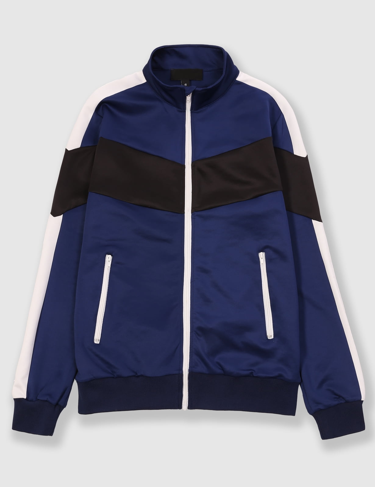 Color-block track jacket showing separate chest and sleeve panels