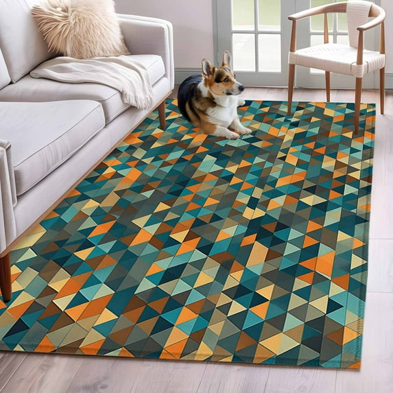 Color Block 4x6 Area Rugs for Living Room, Orange Green Check Abstract Texture Non Slip Floor Mat Washable Low-Profile Indoor Carpet for Bedroom, Dining Room, Bathroom